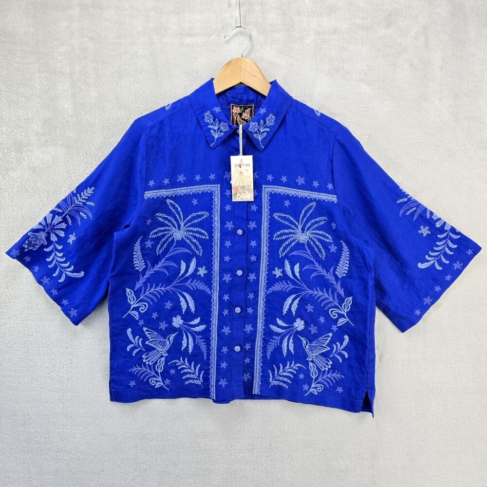 Johnny Was Kimono Sleeve Linen Winona Shirt Womens Medium Blue Embroidered NWT